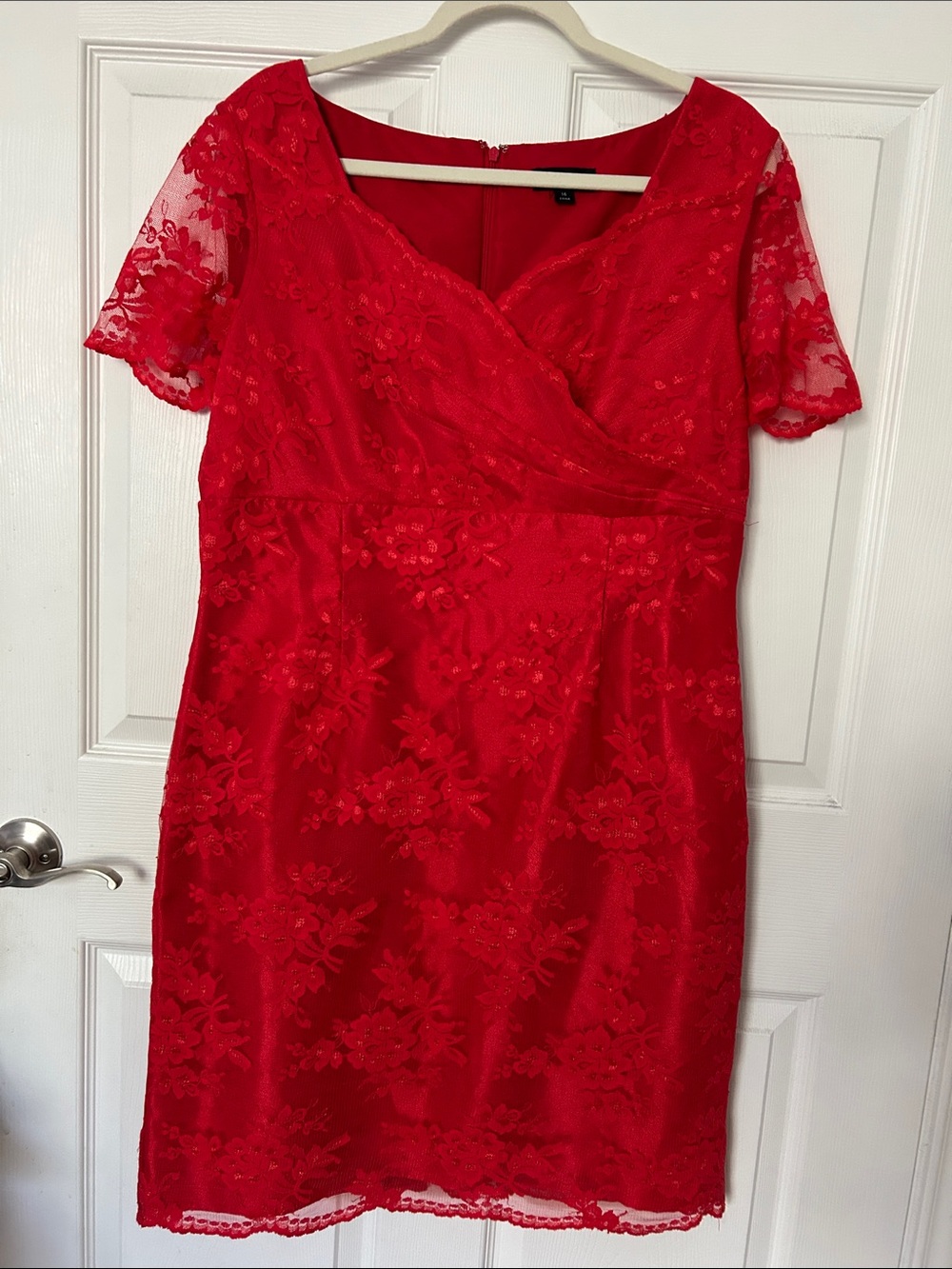 Tahari , Red Lace Wrap-Front Women's Dress, Sz. 14, Color Red, Like New.